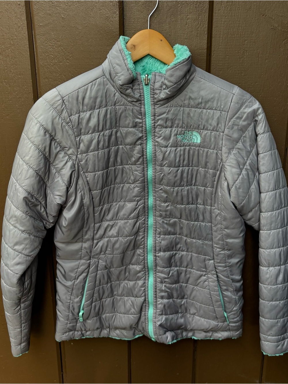 Teal Gray North Face Reversible Winter Jacket Girls Youth L 14/16
